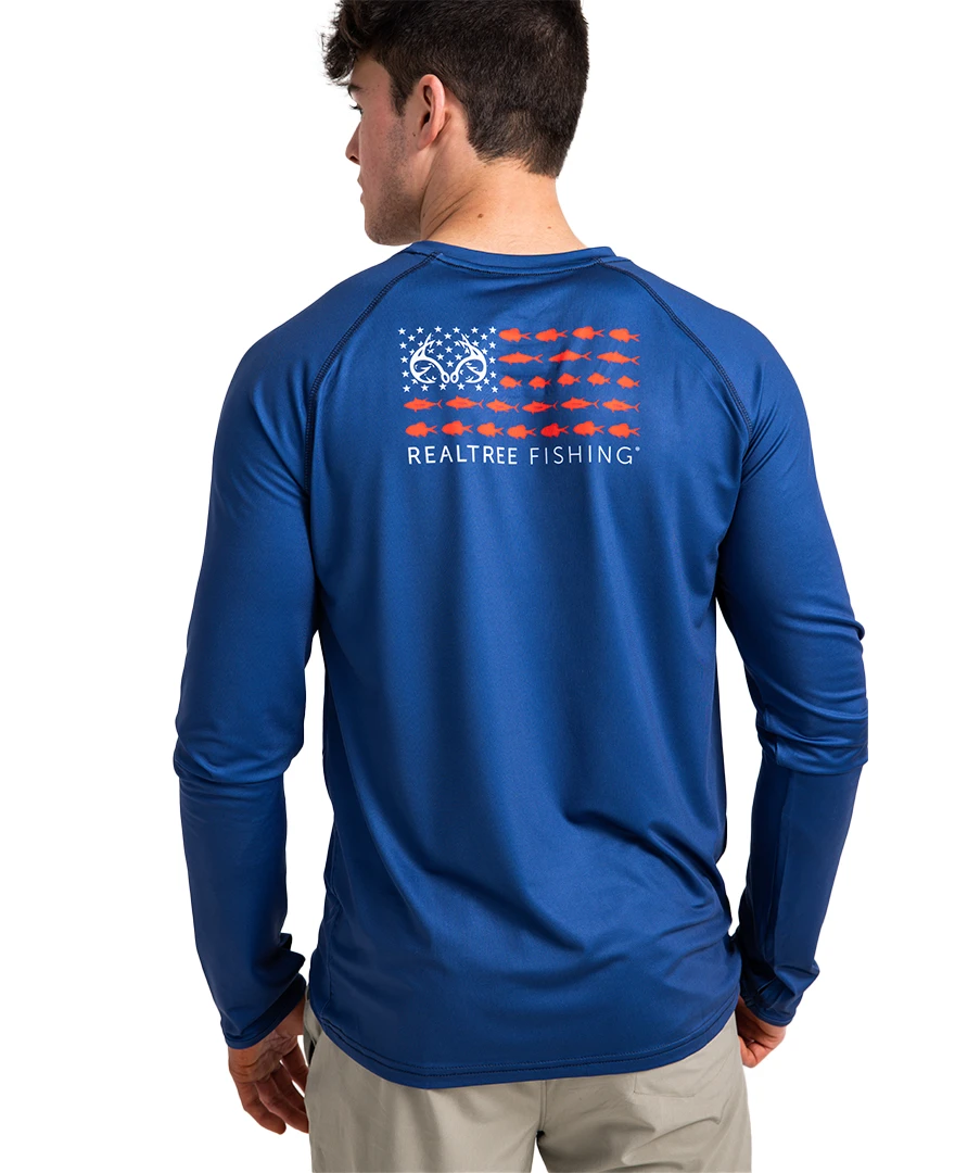 Realtree Fishing Flag Long Sleeve Performance Men's Raglan Blue Shirt 1 Realtree Fishing Flag Long Sleeve Performance Men's Raglan Blue Shirt